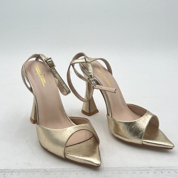 Milooey Gold Peep Toe Sexy Flared Chunky High Heels Buckled Slingback Sandal - Picture 4 of 8